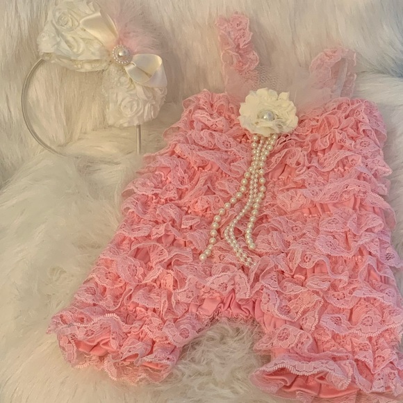SALE! Pink Lace Petti-Romper & Headband - Picture 3 of 10